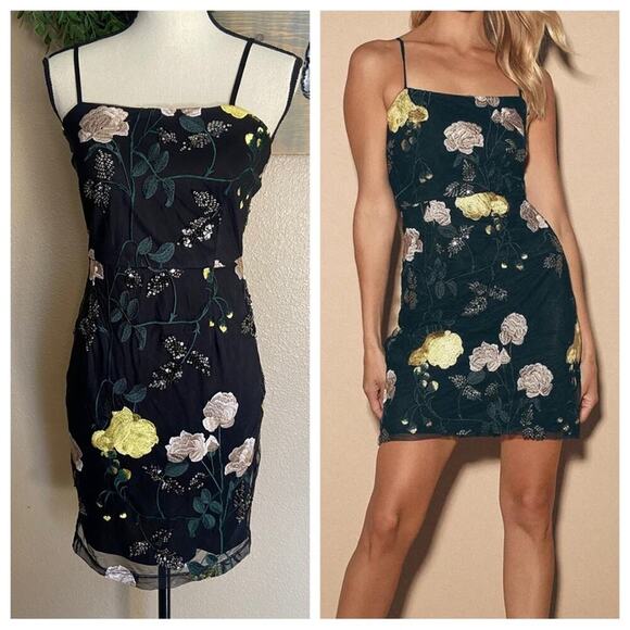 NWOT Lulus Rue Black Floral Embroidered Sequin Bodycon Mini Dress - Picture 1 of 10